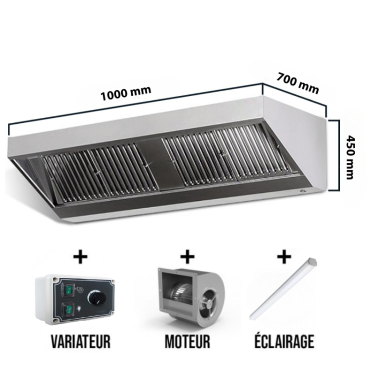 Hotte murale avec moteur 1000x700x450mm avec variateur, éclairage, filtre et robinet de vidange (Puissant) PREMIUM / GOLDINOX