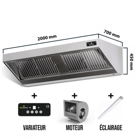 Hotte murale avec moteur 2000x700x450 mm avec variateur, éclairage, filtre et robinet de vidange PREMIUM / GOLDINOX