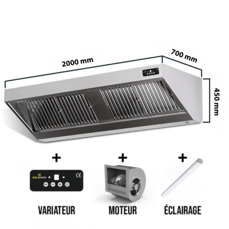 Hotte murale avec moteur 2000x700x450 mm avec variateur, éclairage, filtre et robinet de vidange PREMIUM / GOLDINOX