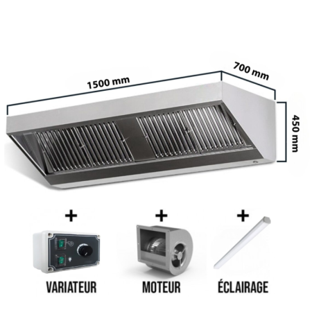 Hotte murale avec moteur 1500x700x450mm avec variateur, éclairage, filtre et robinet de vidange (Puissant) PREMIUM / GOLDINOX