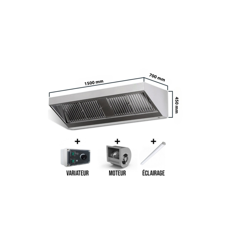 Hotte murale avec moteur 1500x700x450mm avec variateur, éclairage, filtre et robinet de vidange (Puissant) PREMIUM / GOLDINOX