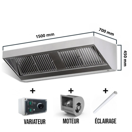 Hotte murale avec moteur 1500x700x450 mm avec variateur, éclairage, filtre et robinet de vidange PREMIUM / GOLDINOX
