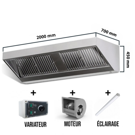Hotte murale avec moteur 2000x700x450mm avec variateur, éclairage, filtre et robinet de vidange (Puissant) PREMIUM / GOLDINOX