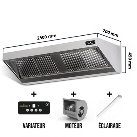 Hotte murale avec moteur 2500x700x450 mm avec variateur, éclairage, filtre et robinet de vidange (Puissant) PREMIUM / GOLDINOX