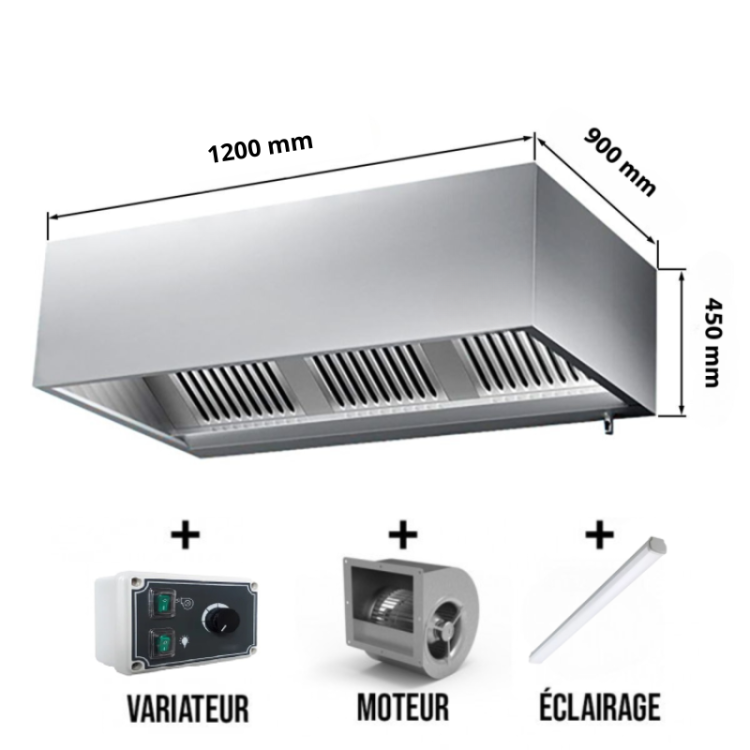 Hotte caisson avec moteur 1200x900x450 mm avec variateur, éclairage, filtre et robinet de vidange (Puissant) PREMIUM / GOLDINOX