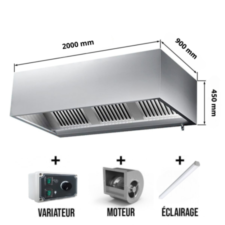 Hotte caisson avec moteur 2000x900x450 mm avec variateur, éclairage, filtre et robinet de vidange (Puissant) PREMIUM / GOLDINOX