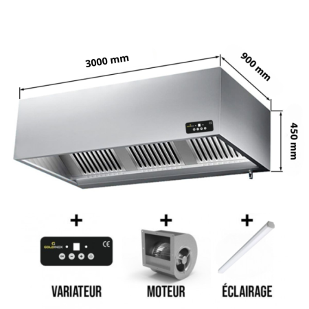 Hotte caisson avec moteur 3000x900x450 mm avec variateur, éclairage, filtre et robinet de vidange (Puissant) PREMIUM / GOLDINOX