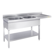 Plonge lave-vaisselle inox 2 bacs - 1600 x 600 mm égouttoir droit ECO / GOLDINOX
