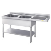 Plonge lave-vaisselle inox 2 bacs - 2000 x 600 mm égouttoir droite ECO / GOLDINOX