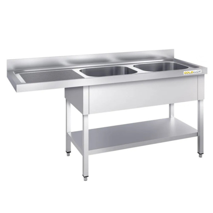 Plonge lave-vaisselle inox 2 bacs - 1600 x 700 mm égouttoir gauche ECO / GOLDINOX