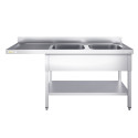 Plonge lave-vaisselle inox 2 bacs - 1600 x 700 mm égouttoir gauche ECO / GOLDINOX