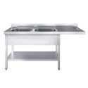 Plonge lave-vaisselle inox 2 bacs - 1800 x 700 mm égouttoir droite ECO / GOLDINOX