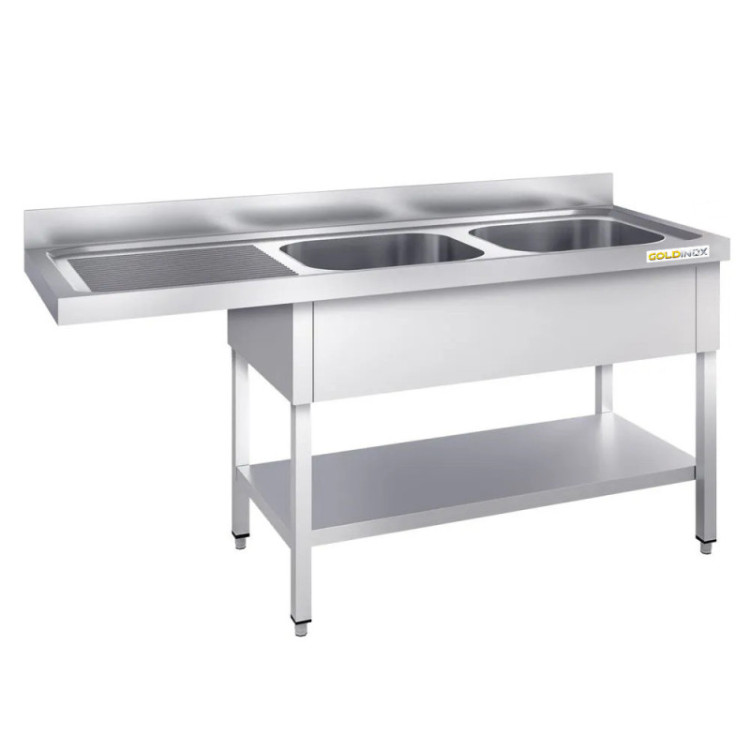 Plonge lave-vaisselle inox 2 bacs - 1800 x 700 mm égouttoir gauche ECO / GOLDINOX