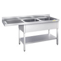 Plonge lave-vaisselle inox 2 bacs - 1800 x 700 mm égouttoir gauche ECO / GOLDINOX