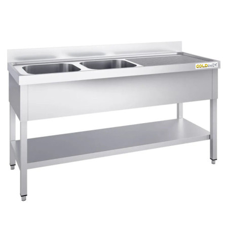 Plonge inox 2000x600mm avec 2 bacs à gauche et égouttoir à droite IDEAL - GOLDINOX