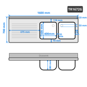 Plonge inox 2 bacs - 1600 x 700 mm égouttoir gauche ECO / GOLDINOX 