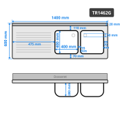 Plonge inox 1400x600 mm avec 2 bacs à droite et égouttoir à gauche IDEAL - GOLDINOX