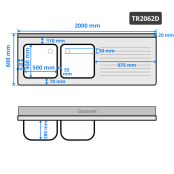 Plonge inox 2 bacs - 2000 x 700 mm égouttoir droite PREMIUM / GOLDINOX 