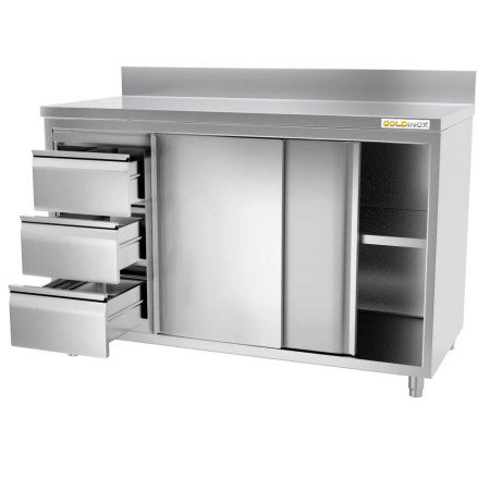 Meuble bas inox 1800 x 700 mm adossée avec 3 tiroirs gauche ECO / GOLDINOX