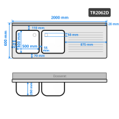 Plonge inox 2 bacs - 2000 x 700 mm égouttoir droite PREMIUM / GOLDINOX 