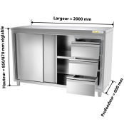 Meuble bas inox 2000 x 600 mm avec 3 tiroirs droit PREMIUM / GOLDINOX