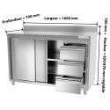 Meuble bas inox 1600 x 700 mm adossée avec 3 tiroirs droit ECO / GOLDINOX