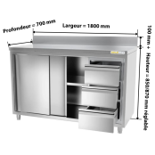 Meuble bas inox 1800 x 700 mm adossée avec 3 tiroirs droit PREMIUM / GOLDINOX