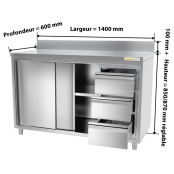 Meuble bas inox 1400 x 600 mm adossée avec 3 tiroirs droit ECO / GOLDINOX