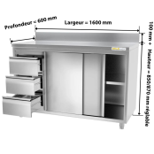 Meuble bas inox 1600 x 600 mm adossée avec 3 tiroirs gauche ECO / GOLDINOX