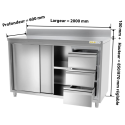 Meuble bas inox 2000 x 600 mm adossée avec 3 tiroirs droit PREMIUM / GOLDINOX