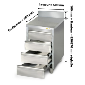 Meuble bas inox 500 x 600 mm adossée avec 4 tiroirs PREMIUM / GOLDINOX