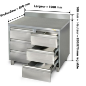 Meuble bas inox 1000 x 600 mm adossée avec 6 tiroirs PREMIUM / GOLDINOX