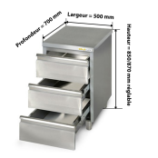 Meuble bas inox 500 x 700 mm avec 3 tiroirs PREMIUM / GOLDINOX