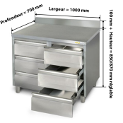 Meuble bas inox 1000 x 700 mm adossée avec 6 tiroirs PREMIUM / GOLDINOX