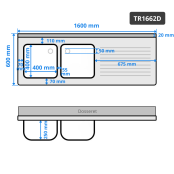 Plonge inox 2 bacs - 1600 x 600 mm égouttoir droite ECO / GOLDINOX 