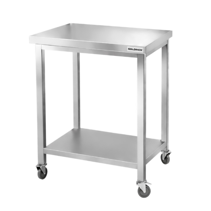 Table de travail en inox Bar 600x500 mm avec 1 étagère inférieure sur roulettes PREMIUM - GOLDINOX