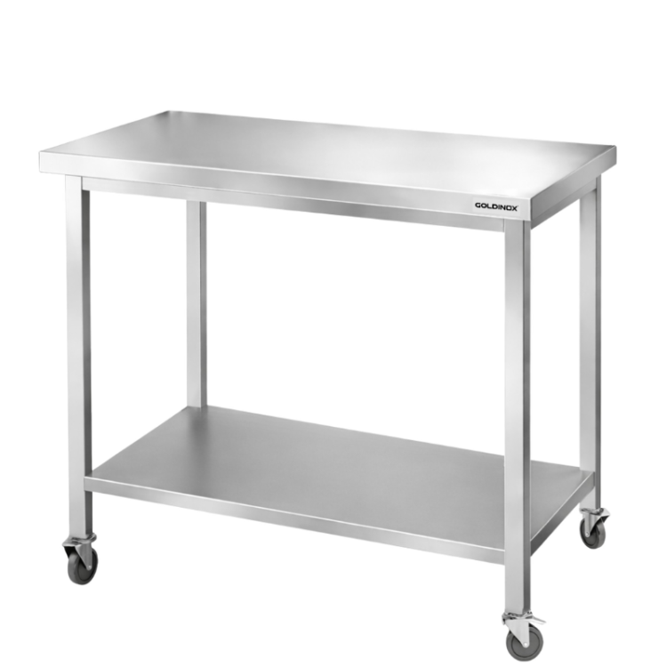 Table de travail en inox Bar 1000x700 mm avec 1 étagère inférieure sur roulettes PREMIUM - GOLDINOX