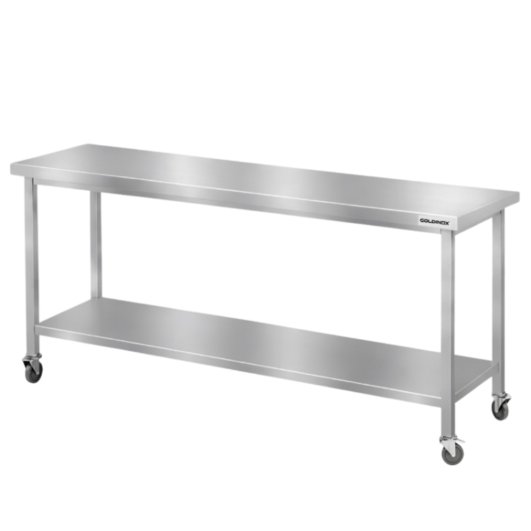Table de travail en inox Bar 2000x700 mm avec 1 étagère inférieure sur roulettes PREMIUM - GOLDINOX