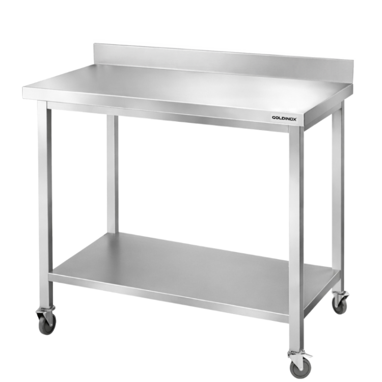 Table de travail en inox Bar 1200x700 mm avec 1 étagère inférieure et dosseret sur roulettes PREMIUM - GOLDINOX