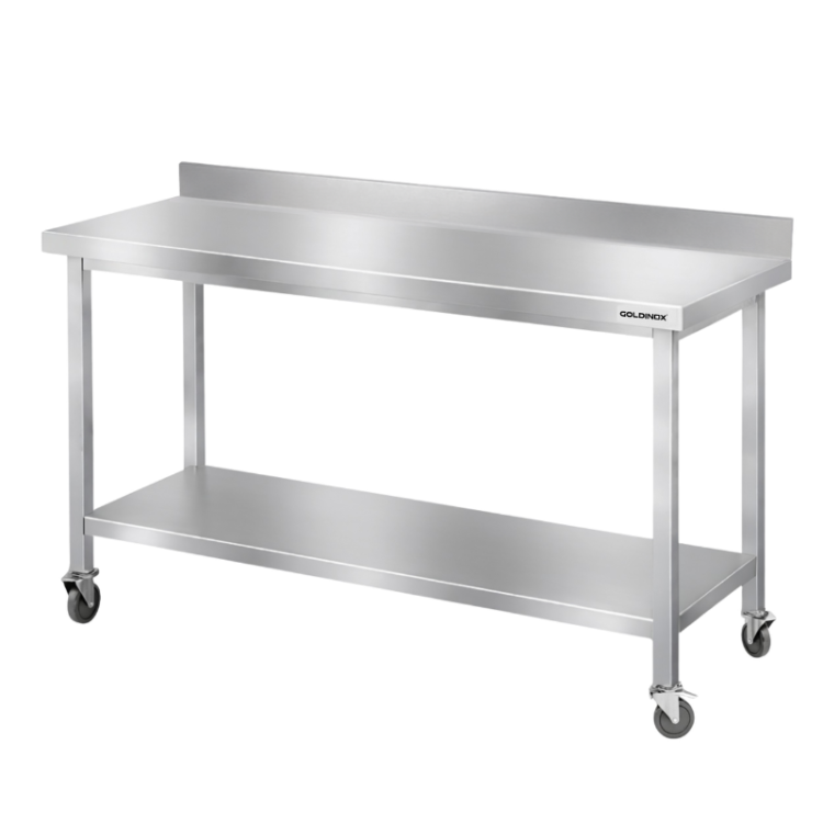 Table de travail en inox Bar 1400x700 mm avec 1 étagère inférieure et dosseret sur roulettes PREMIUM - GOLDINOX