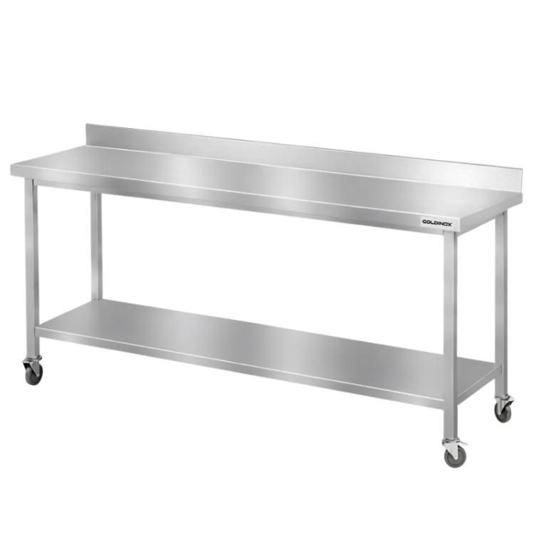 Table de travail en inox Bar 2000x600 mm avec 1 étagère inférieure et dosseret sur roulettes PREMIUM - GOLDINOX