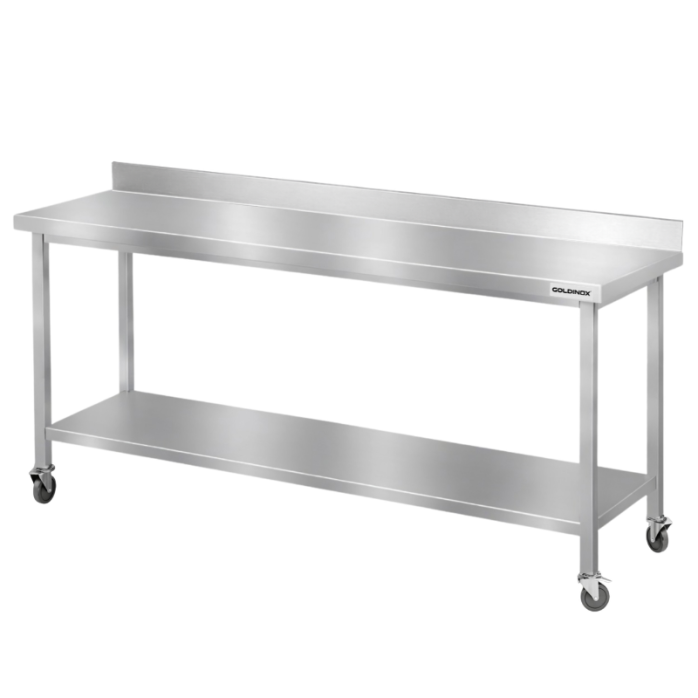 Table de travail en inox Bar 2000x700 mm avec 1 étagère inférieure et dosseret sur roulettes PREMIUM - GOLDINOX