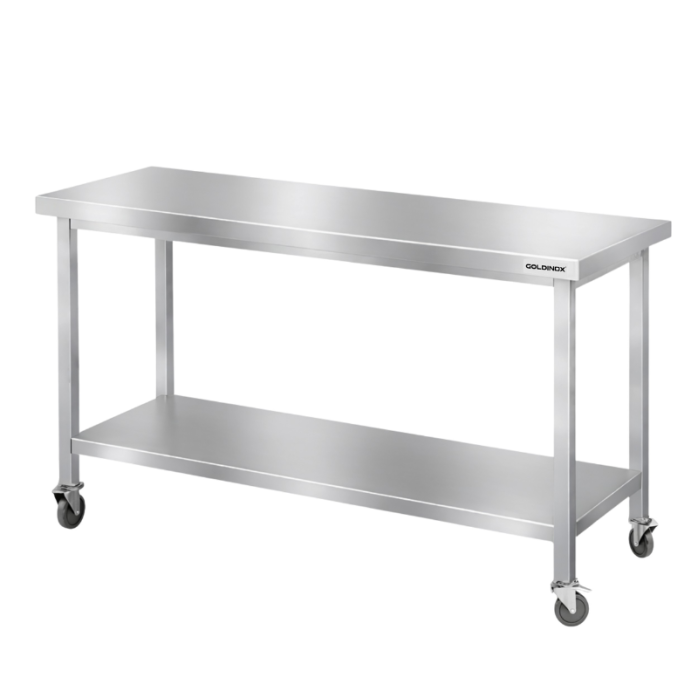 Table de travail en inox Bar 1600x700 mm avec 1 étagère inférieure sur roulettes PREMIUM - GOLDINOX