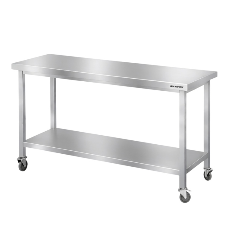 Table de travail en inox Bar 1600x700 mm avec 1 étagère inférieure sur roulettes PREMIUM - GOLDINOX
