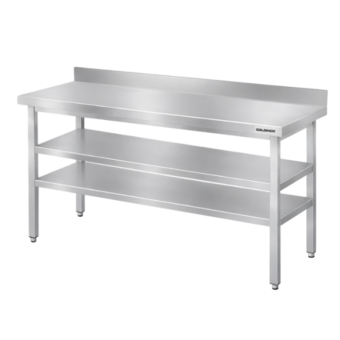 Table de travail en inox Bar 1400x500 mm avec 2 étagères inférieures et dosseret PREMIUM - GOLDINOX