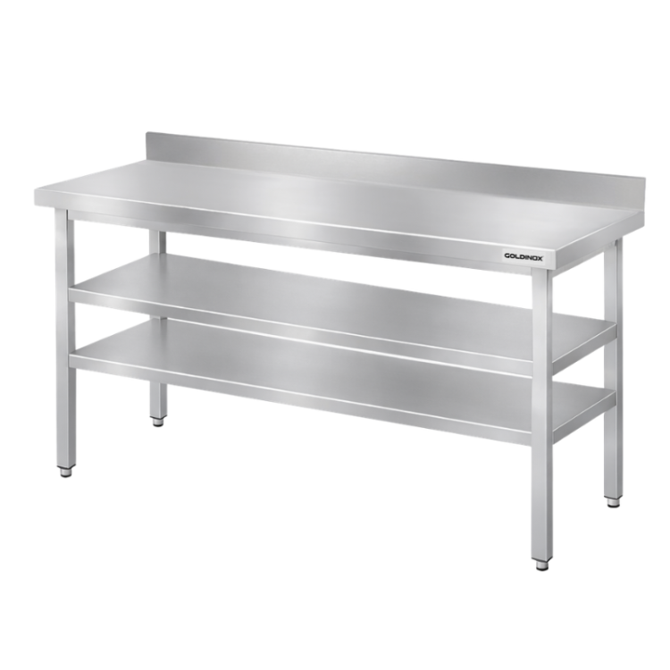 Table de travail en inox Bar 1600x700 mm avec 2 étagères inférieures et dosseret PREMIUM - GOLDINOX