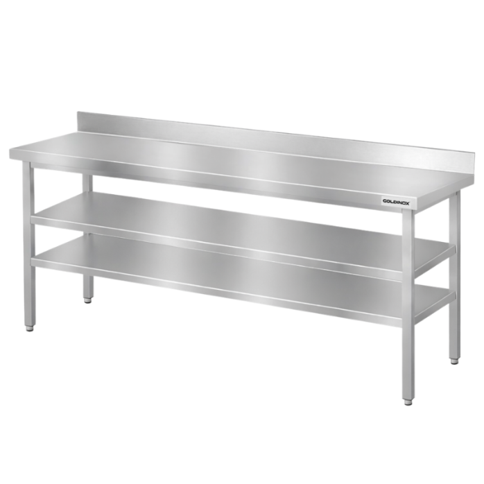 Table de travail en inox Bar 2000x700 mm avec 2 étagères inférieures et dosseret PREMIUM - GOLDINOX