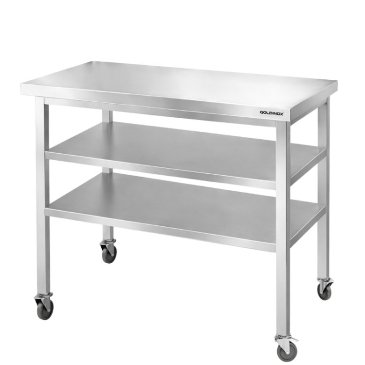 Table de travail en inox Bar 1200x500 mm avec 2 étagères inférieures sur roulettes PREMIUM - GOLDINOX