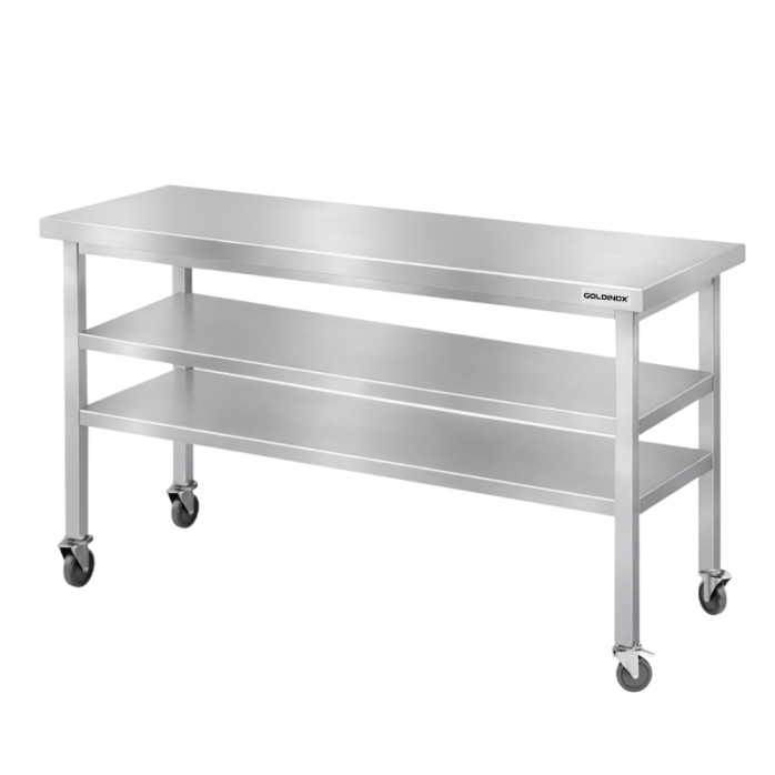 Table de travail en inox Bar 1600x700 mm avec 2 étagères inférieures sur roulettes PREMIUM - GOLDINOX