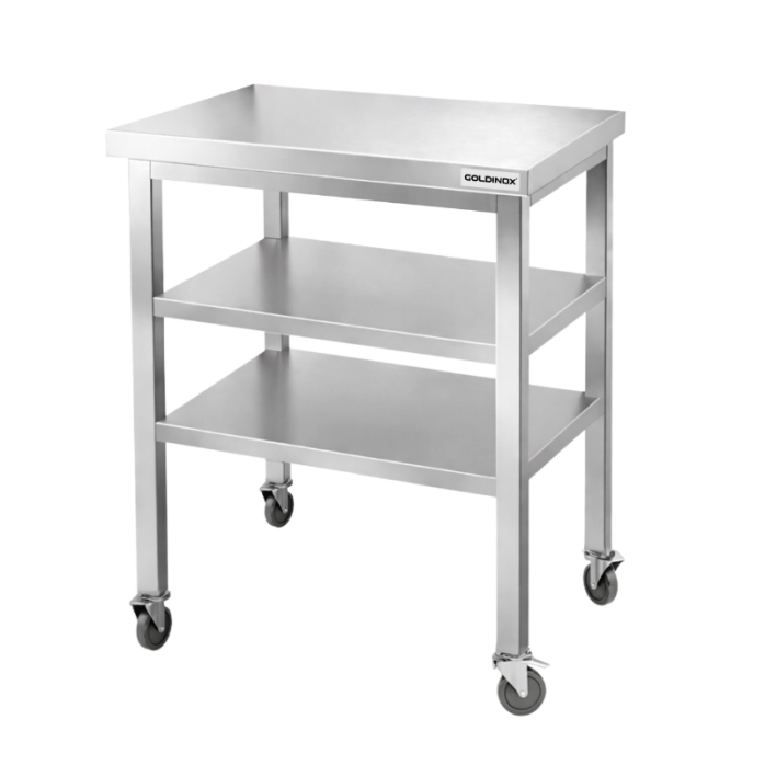 Table de travail en inox Bar 700x600 mm avec 2 étagères inférieures sur roulettes PREMIUM - GOLDINOX